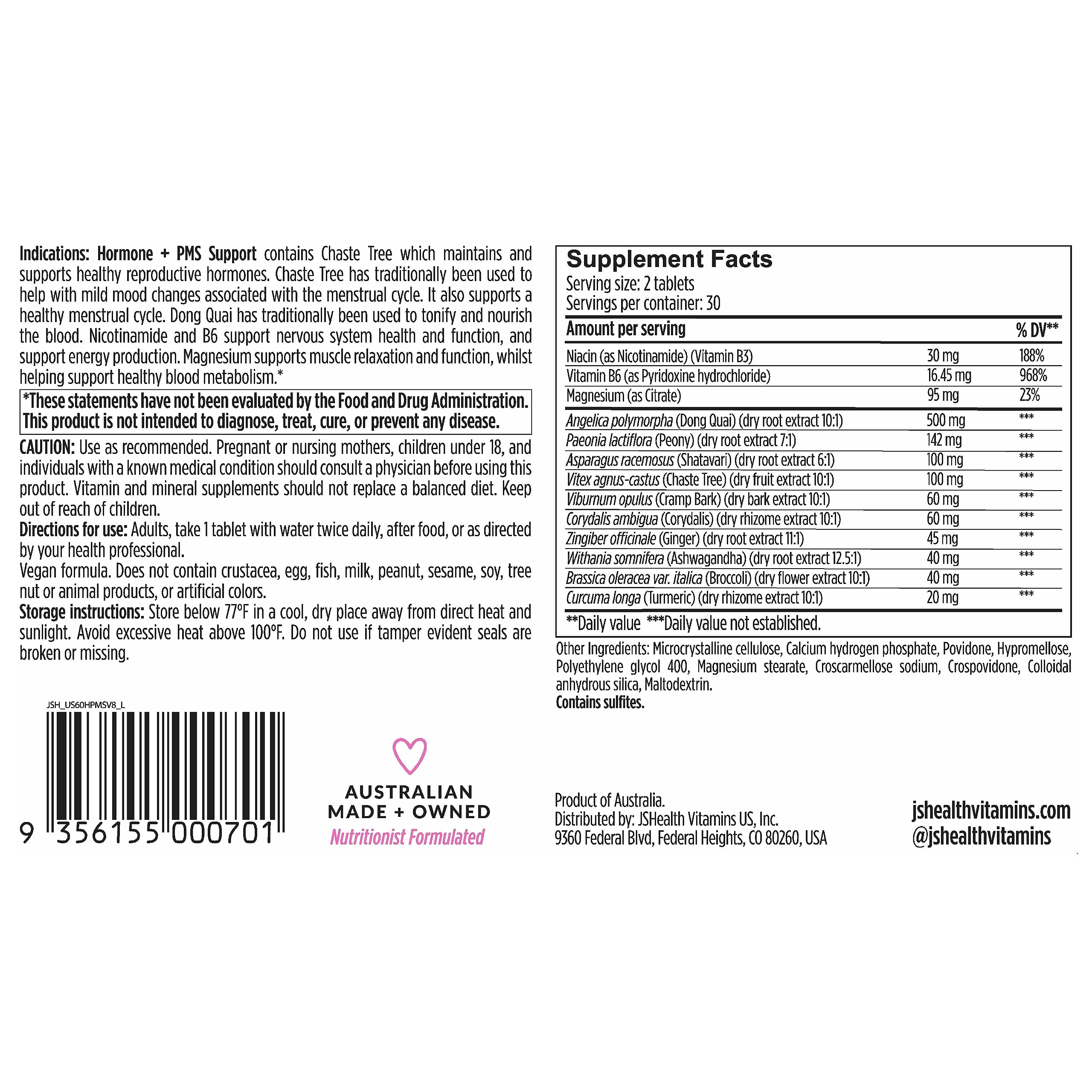 JSHealth Vitamins Hormone Balance for Women and PMS Support Supplement - Premenstrual Symptom Relief with Vitamins B3, B6 & Magnesium (60) JSHealthBuy Supplements Australia