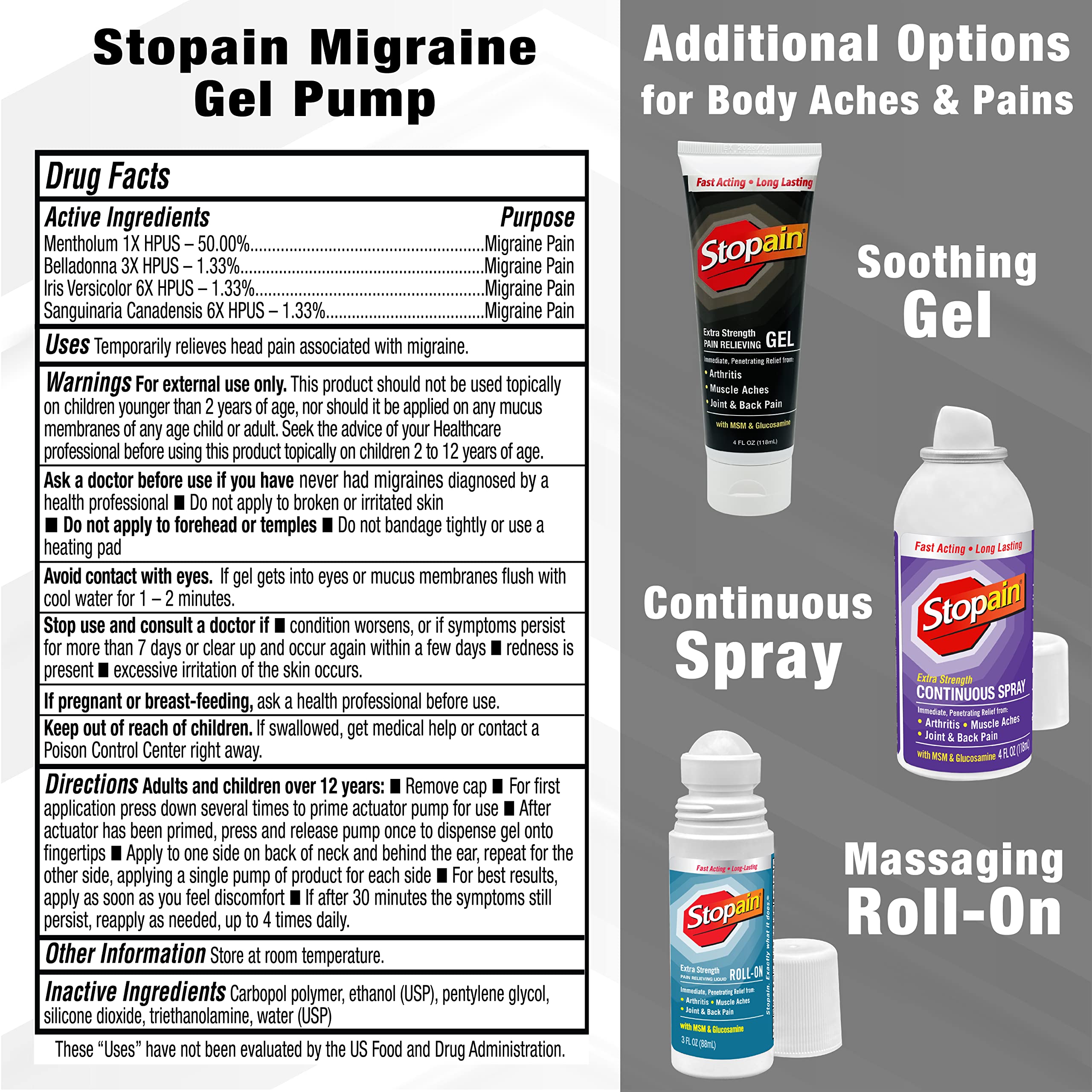 Stopain Migraine Pain Relief Gel Pump, 1.62oz (2 Pack), USA Made, Max Strength Fast Acting Research Proven Effective Topical, No Known Side Effects or Drug Interactions, HSA FSA Approved Products StopainBuy Supplements Australia