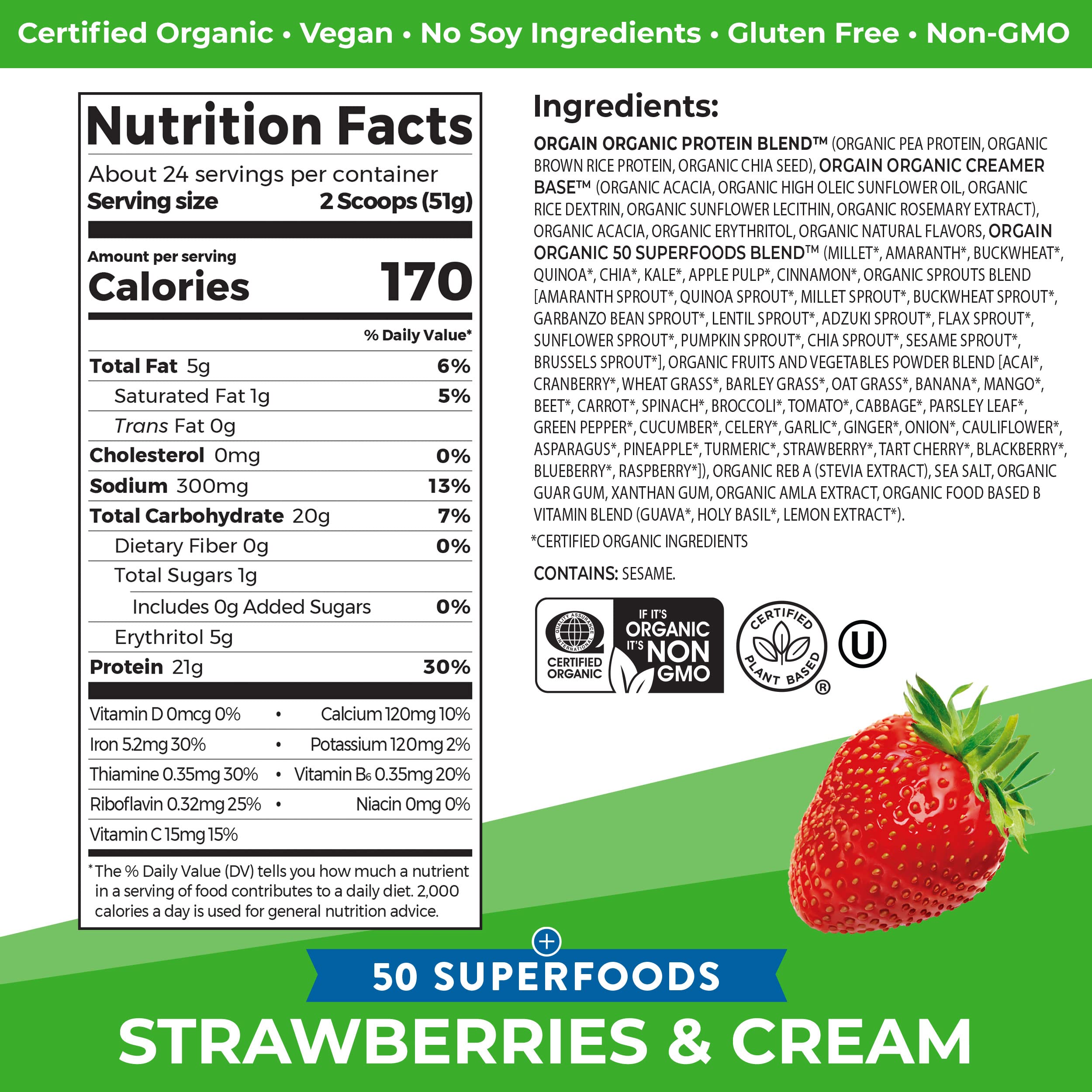 Orgain Organic Vegan Protein Powder + 50 Superfoods, Strawberries and Cream OrgainBuy Supplements Australia