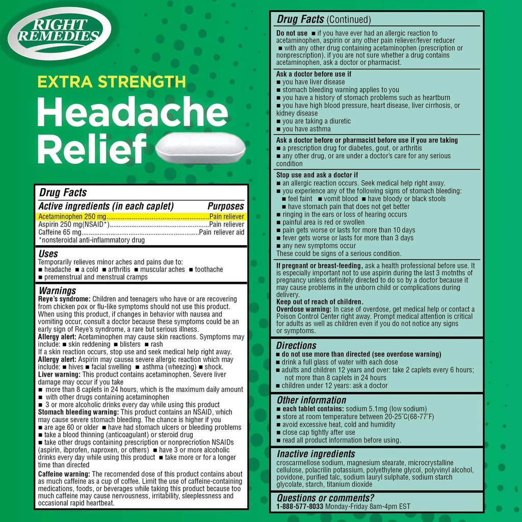 RIGHT REMEDIES Extra Strength Headache Relief with Acetaminophen, Aspirin (NSAID) & Caffeine, (300 caplets), Back & Body Pain Relief, Compare to The Active Ingredients in Excedrin® Extra Strength RIGHT REMEDIESBuy Supplements Australia
