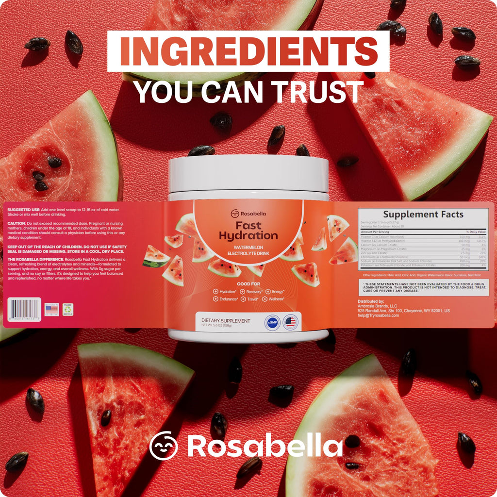 Rosabella Electrolyte Drink Powder – Watermelon – Sugar-Free Hydration Drink Mix – Electrolytes Powder with Sodium, Potassium, Magnesium, Calcium