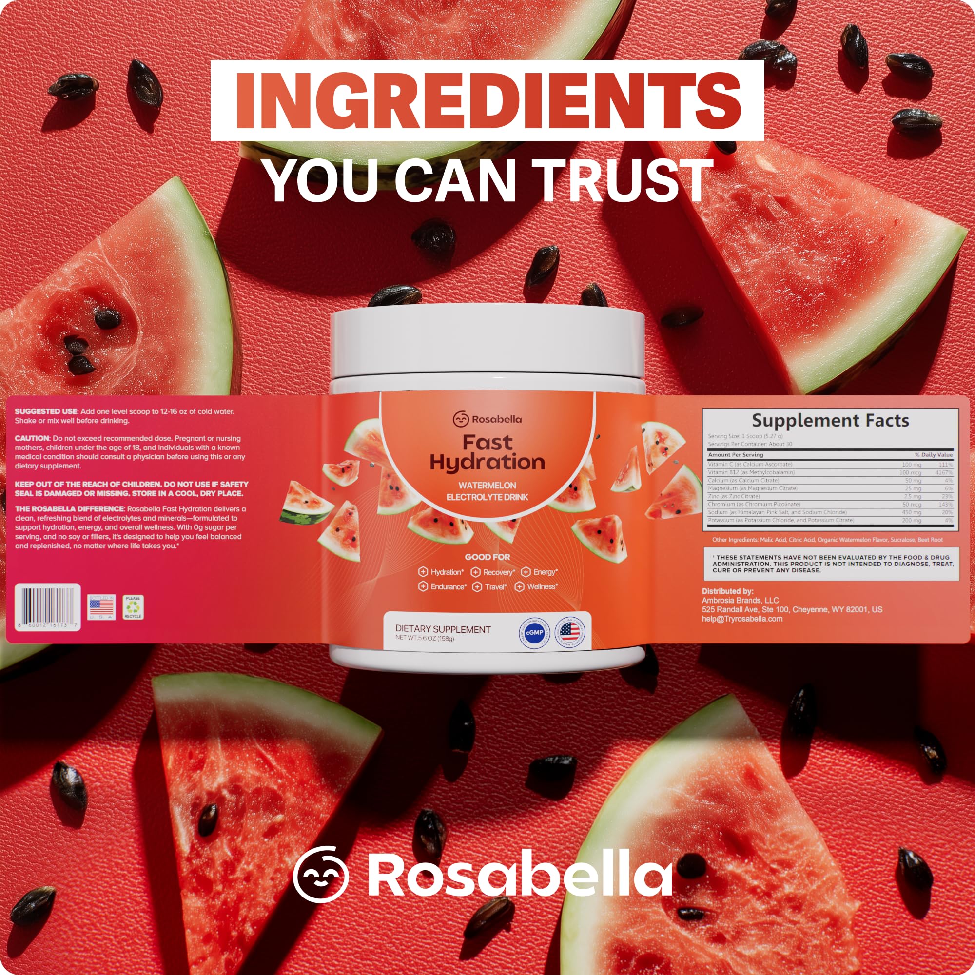 Rosabella Electrolyte Drink Powder – Watermelon – Sugar-Free Hydration Drink Mix – Electrolytes Powder with Sodium, Potassium, Magnesium, Calcium