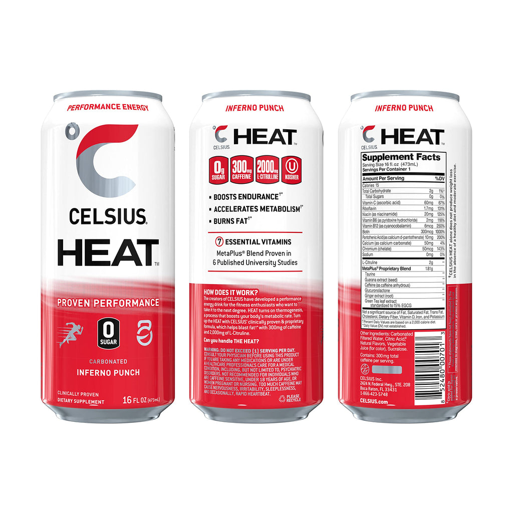 CELSIUS HEAT Inferno Punch Performance Energy Drink, Zero Sugar, 16oz. Can (Pack of 12) CELSIUSBuy Supplements Australia
