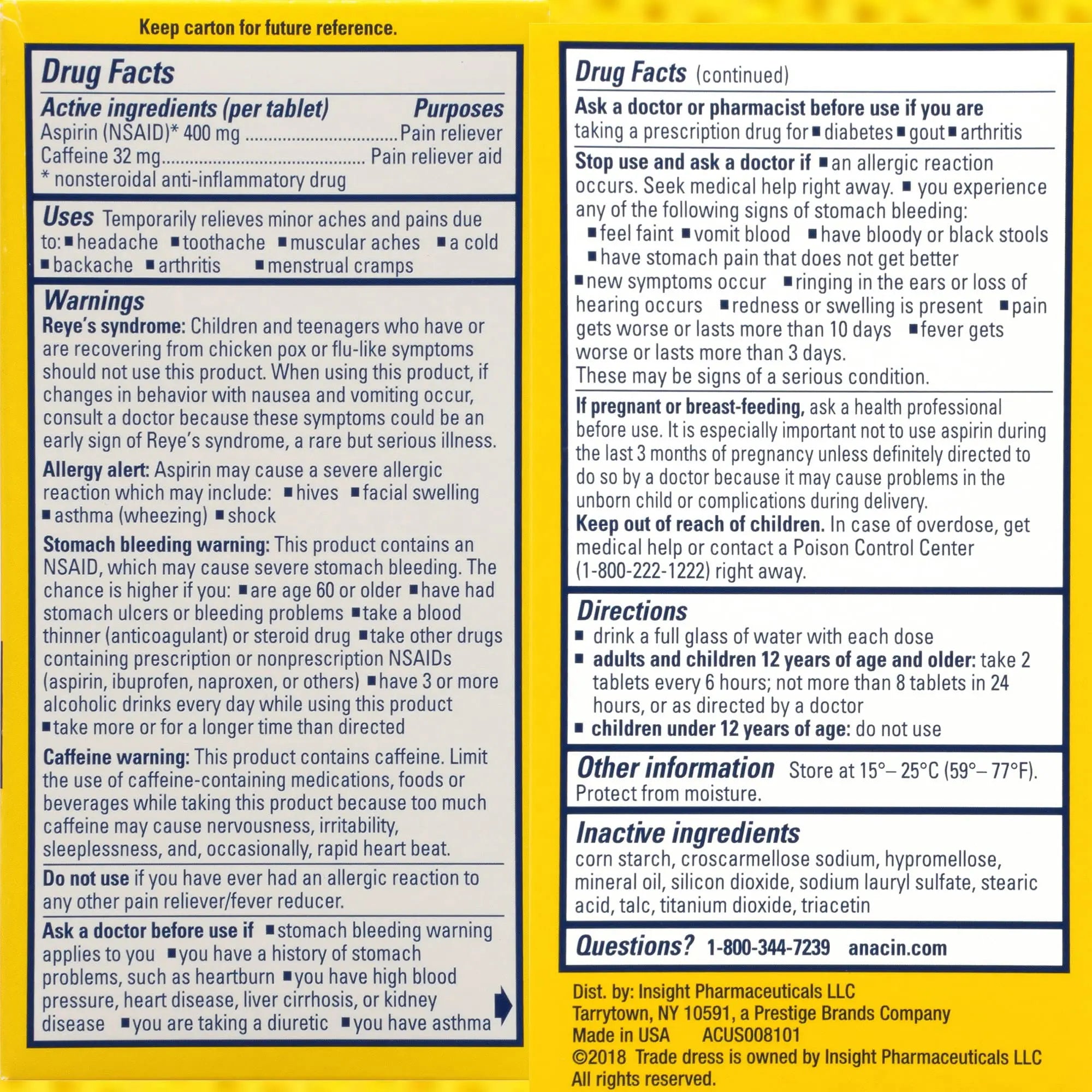 Anacin Aspirin & Caffeine Fast Pain Relief, Eases Minor Aches and Pains Due to Headache, Muscle Aches & Arthritis, 300 Count ANACINBuy Supplements Australia