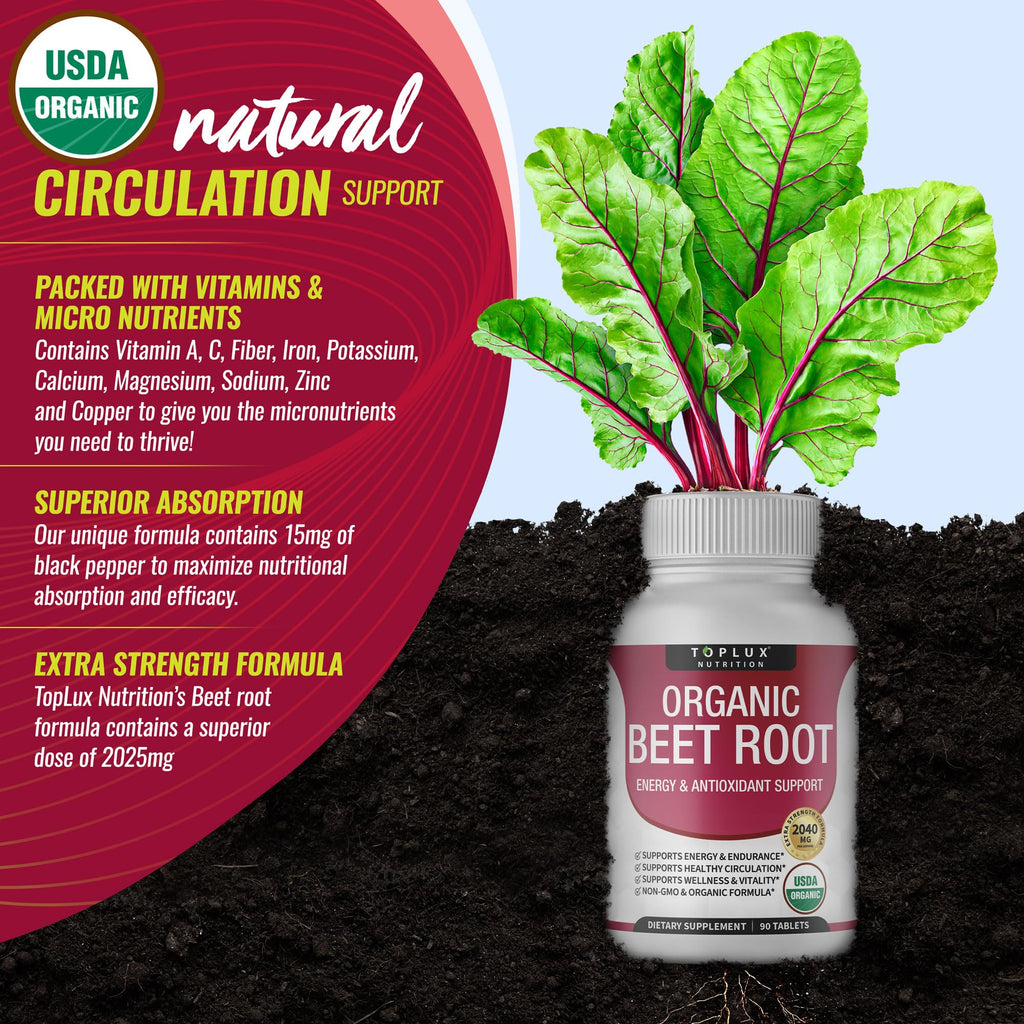 Organic Beet Root Powder Tablets - 2040mg Natural Nitric Oxide Beets to Support, Energy TopluxBuy Supplements Australia
