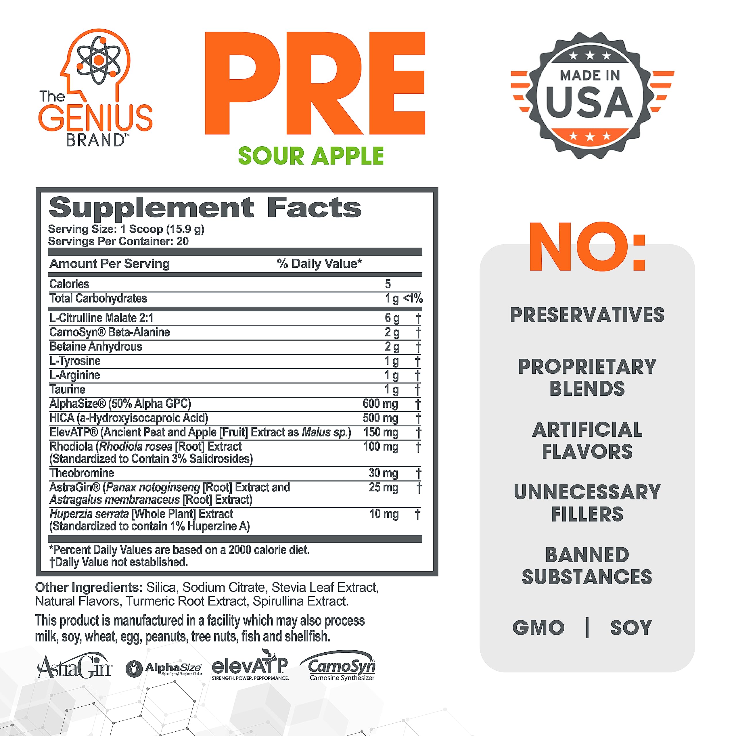 Genius Pre Workout Powder, Sour Apple, and Genius Micronized Creatine Monohydrate Powder, Unflavored, All Natural Nootropic Pre Workout and Post Workout Supplement Stack