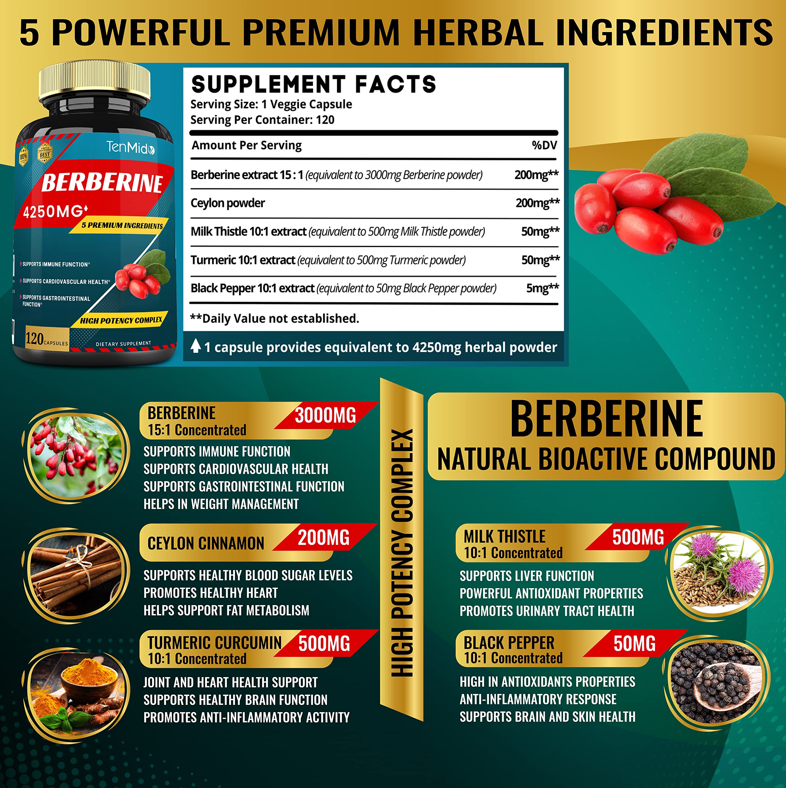 Berberine Extract Capsules 4250mg, 4 Months Supply & Ceylon, Milk Thistle, Turmeric TenmidoBuy Supplements Australia