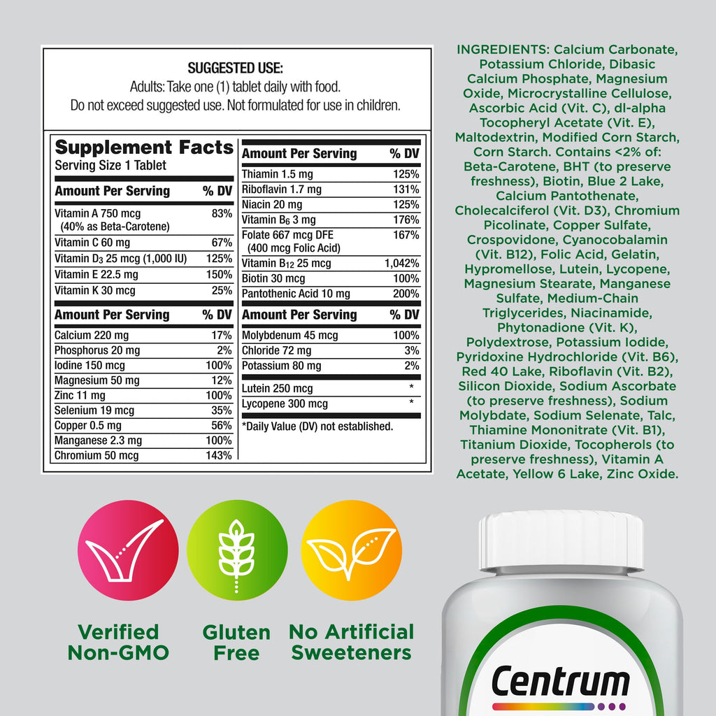 Centrum Silver Multivitamin for Adults 50 Plus, Multivitamin/Multimineral Supplement, Vitamin D3, B Vitamins, Gluten Free, Non-GMO Ingredients