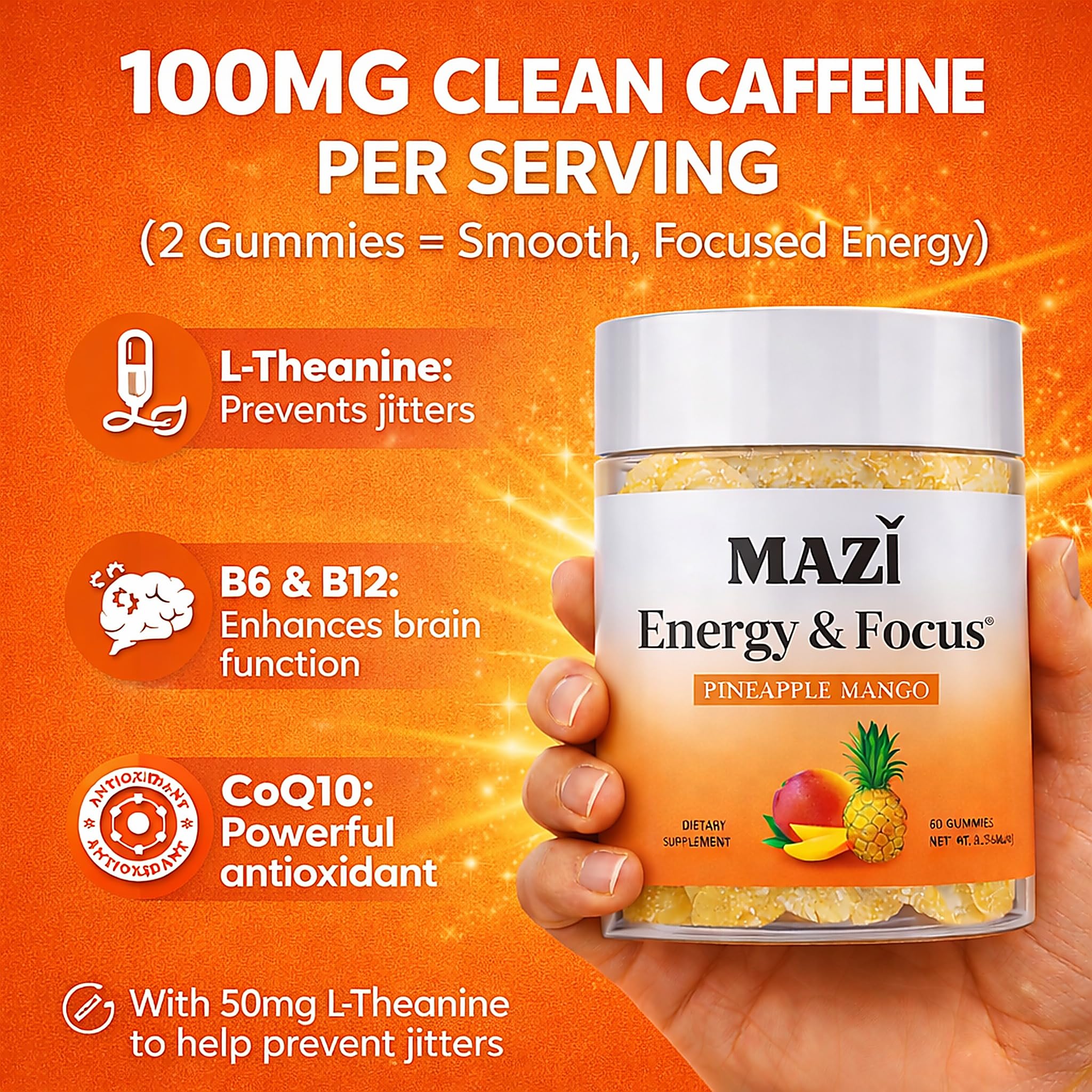 Energy & Focus Gummies | 100mg Natural Caffeine + L-Theanine + Vitamin B6 & B12 + CoQ10 | Nootropic Cognitive Brain Performance Supplement | No Crash or Jitters MAZIBuy Supplements Australia