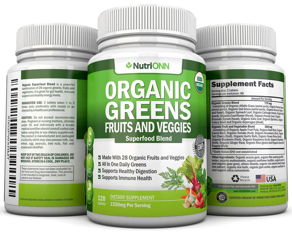 Organic Super Greens Capsules - Fruit And Vegetable Supplements - 120 Count - 28 USDA Organic & Vegan Premium Ingredients - Superfood Blend For Immune Health, Digestion & Energy - Whole Food Vitamins NutriONNBuy Supplements Australia