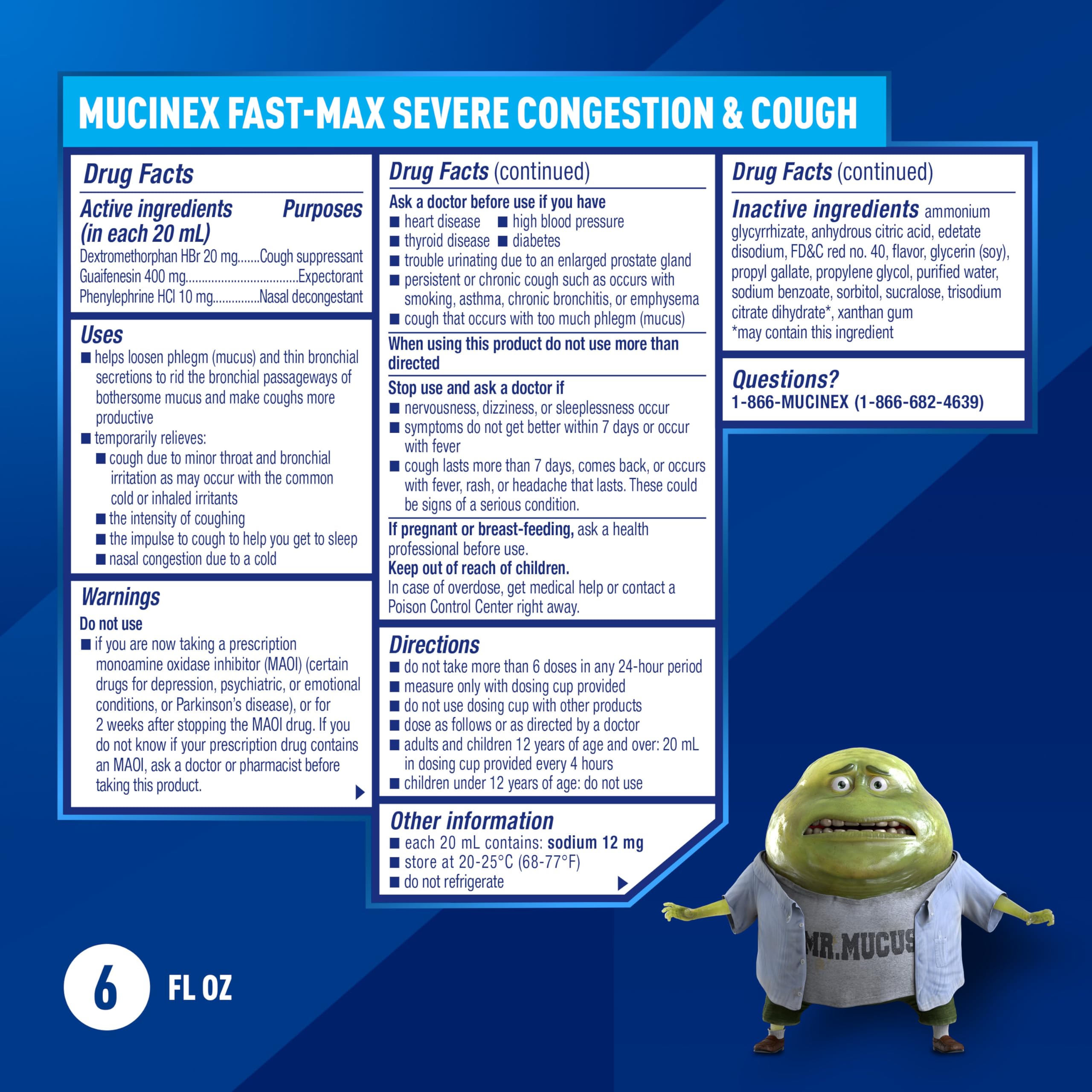 Mucinex Fast-Max Severe Congestion & Cough Medicine, Maximum Strength Symptom Relief, Over-The-Counter Medication, Cold Medicine, Cough Suppressant, Expectorant, Nasal Decongestant, 6 FL OZ Mucinex buy supplements Au