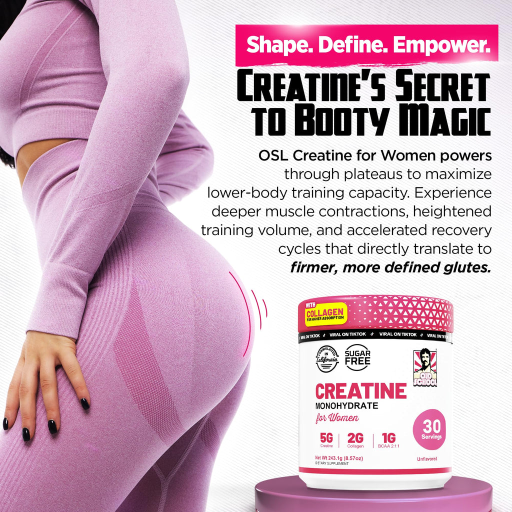 Old School Labs Creatine for Women – Post-Workout Supplement with 5000mg Creatine Monohydrate Powder, 2000mg Collagen & BCAA 2:1:1 for Strength Support & Recovery