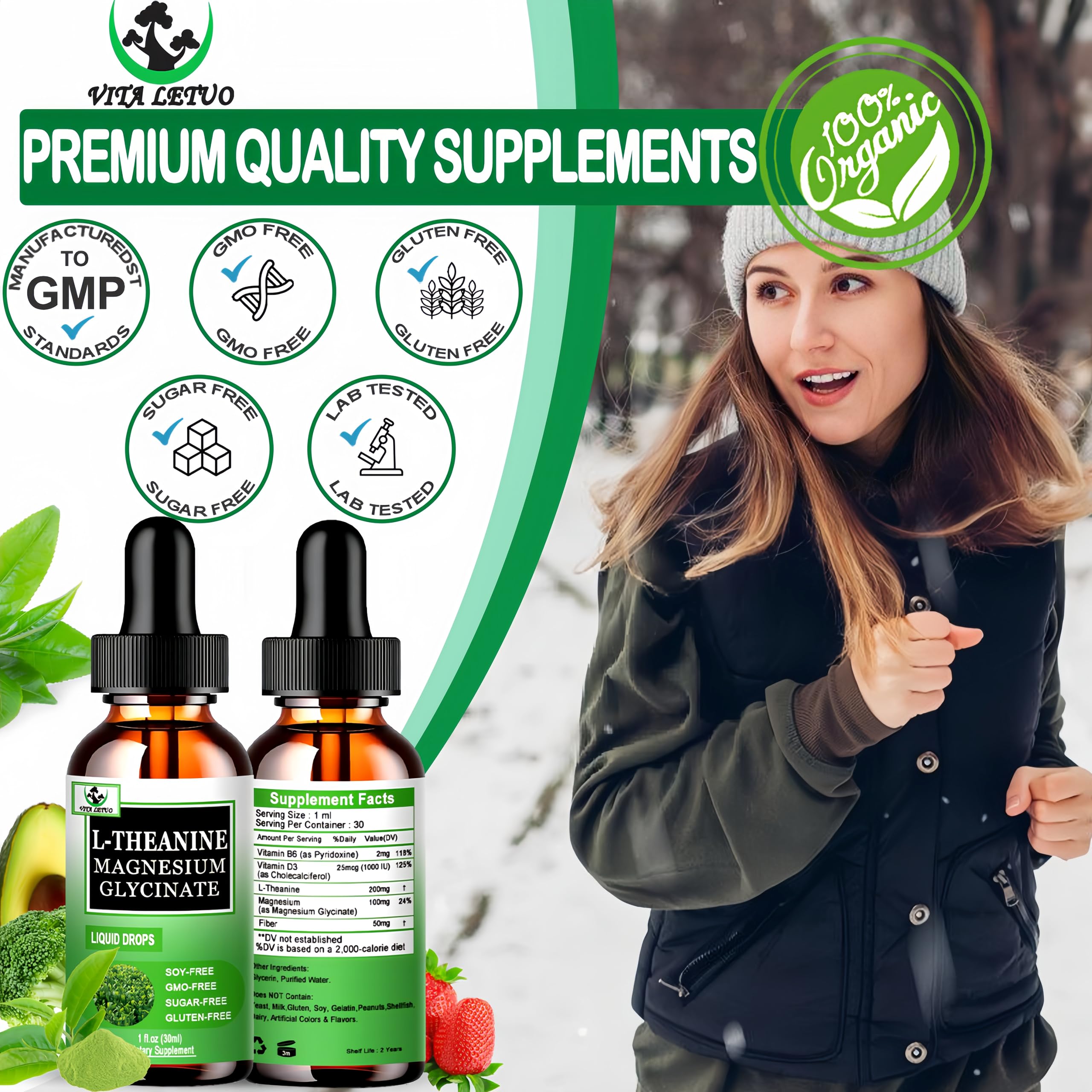 L Theanine Drops, Liquid L-Theanine Supplement 200mg w/Magnesium Glycinate,Vitamins,Fiber for Relaxation,Sleep,Digestion, Calm,High Absorption Mood Support for Adults & Kids,Plant Based,Non-GMO Vita letuoBuy Supplements Australia