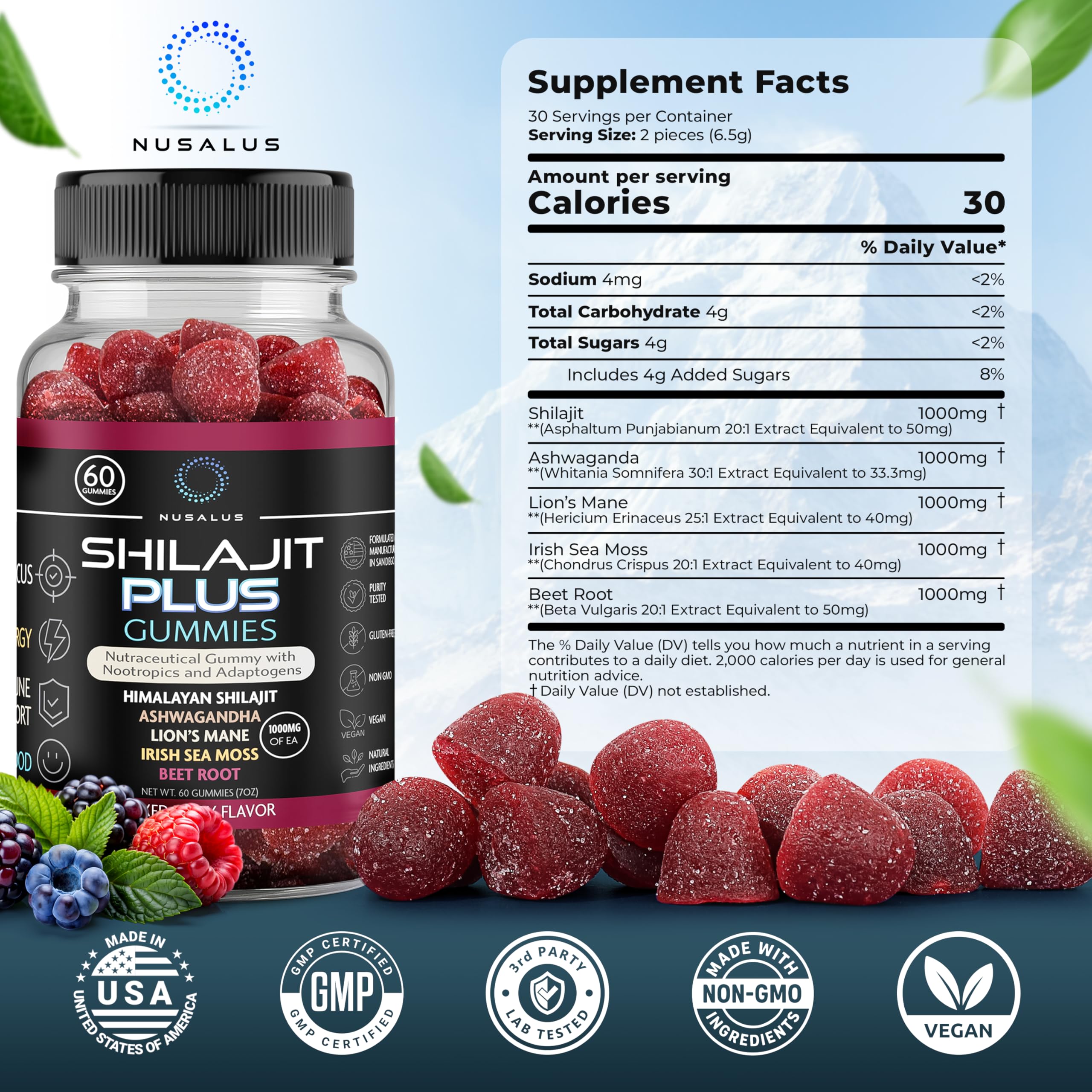 Nusalus Shilajit Plus Gummies – 5-in-1 Adaptogen Energy & Focus Supplement | Shilajit, Ashwagandha, Lion’s Mane, Sea Moss & Beet Root | Natural Energy & Stress Support | Made in USA, Vegan, 60ct NusalusBuy Supplements Australia