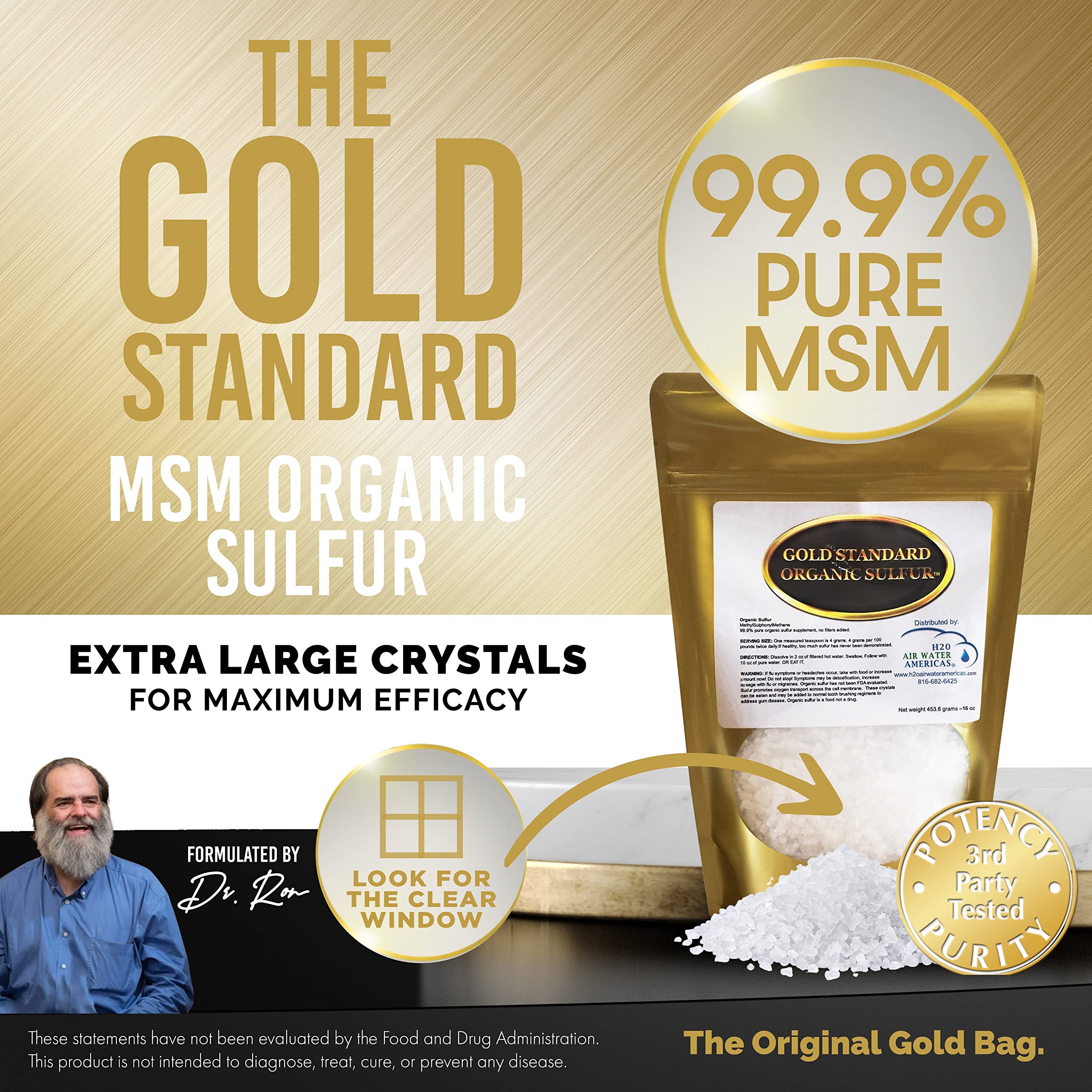 Gold Standard Organic Sulfur Crystals 1lb - 99.9% Pure MSM Crystals - High-Purity MSM Supplement Powder - Large Granular Flakes - 3rd Party Tested for Purity H2O Air Water Americas buy supplements Au