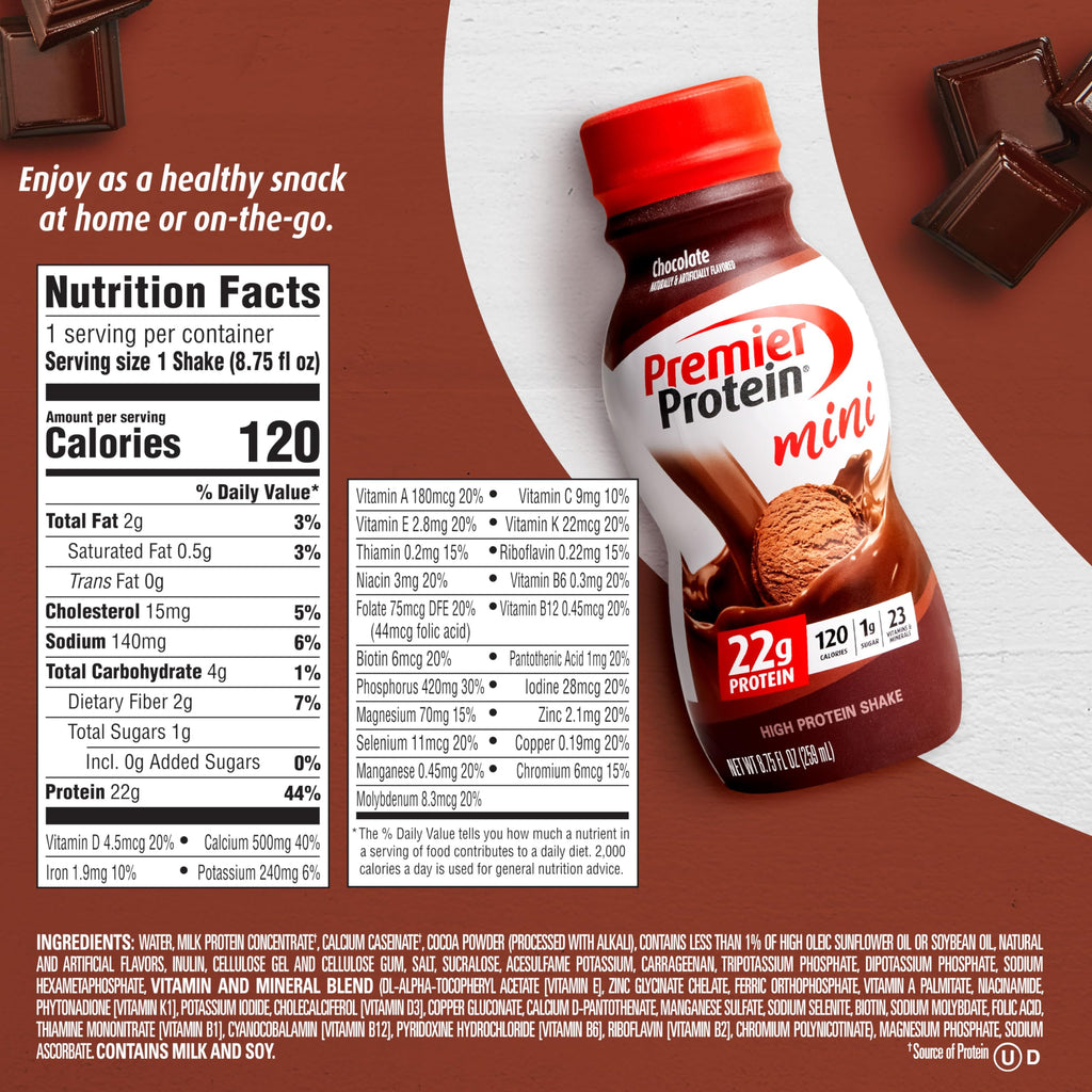 Premier Protein Shake MINIs, Chocolate, 22g Protein, 120 Calories, 1g Sugar, 8.75fl oz Premier ProteinBuy Supplements Australia