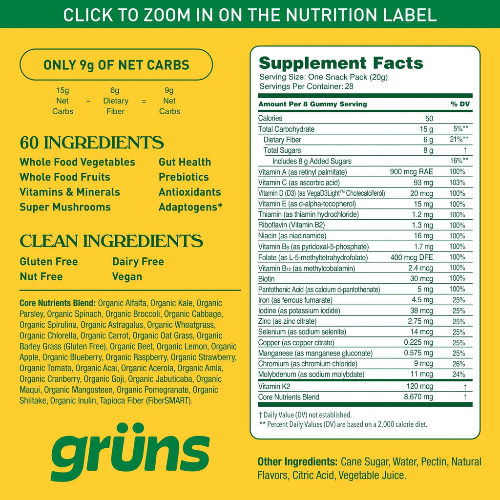 Gruns Adults Super Greens Multivitamin Gummies, Superfood Vitamin Gummy Bears with Spirulina, Chlorella, Prebiotic Fiber for Digestive Health GrünsBuy Supplements Australia