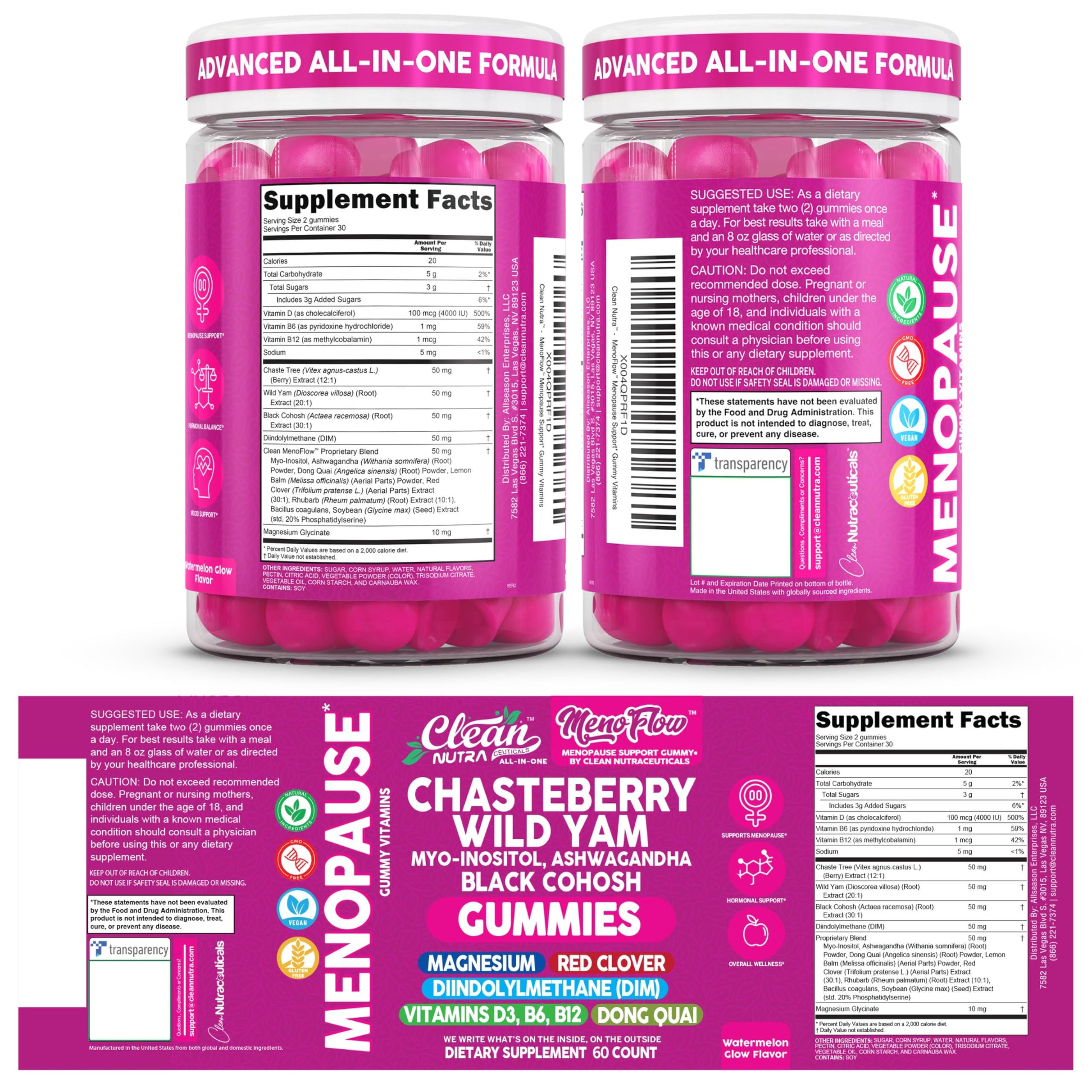 Clean Nutra Menopause Supplements for Women Chastberry Wild Yam Gummies Inositol Black Cohosh Magnesium Red Clover DIM Supplement B6 Magnesium Glycinate Glycine Vitex Hormone Balance Gummy Vitamins Clean NutraceuticalsBuy Supplements Australia