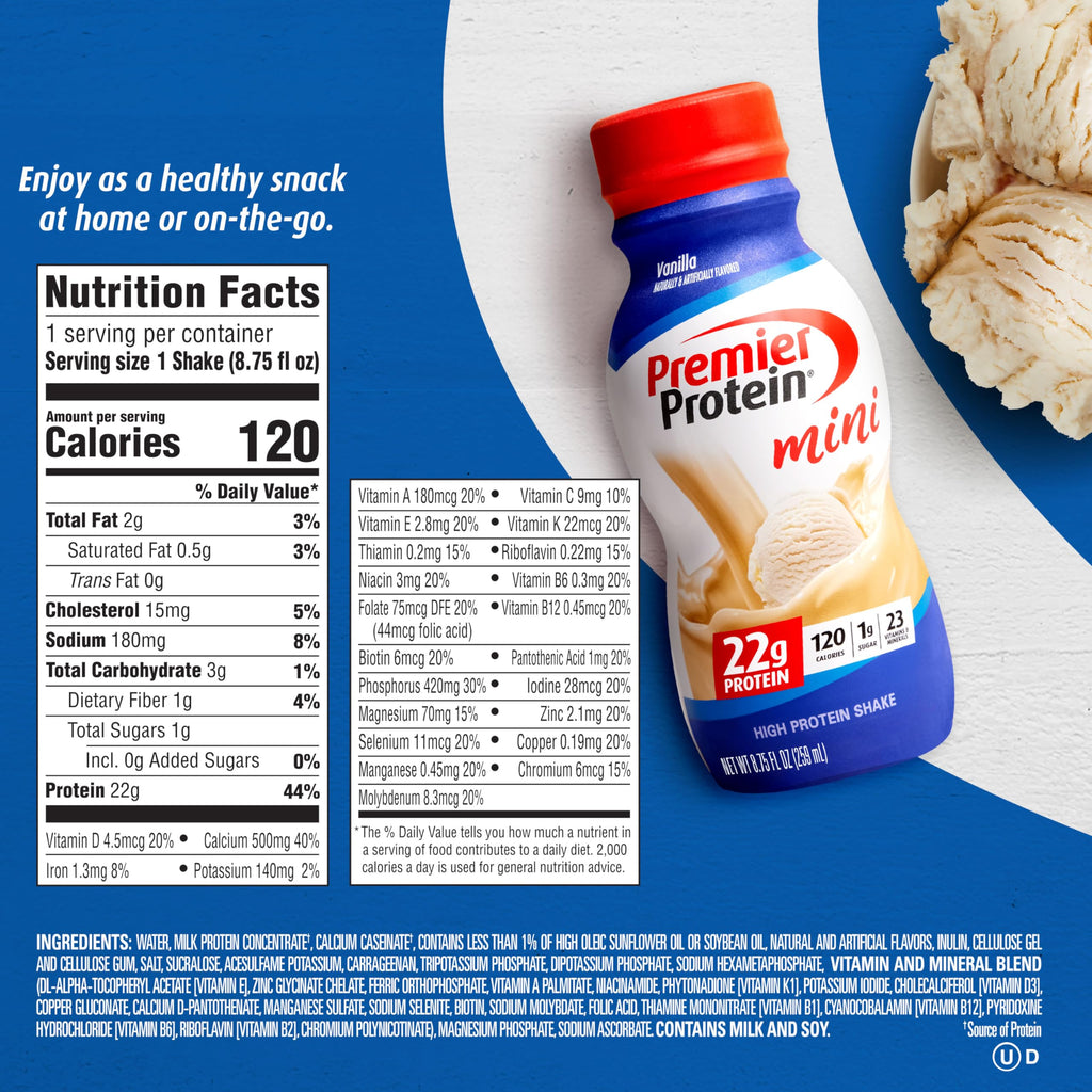 Premier Protein Shake MINIs, Vanilla, 22g Protein, 120 Calories, 1g Sugar, 8.75fl oz Premier ProteinBuy Supplements Australia