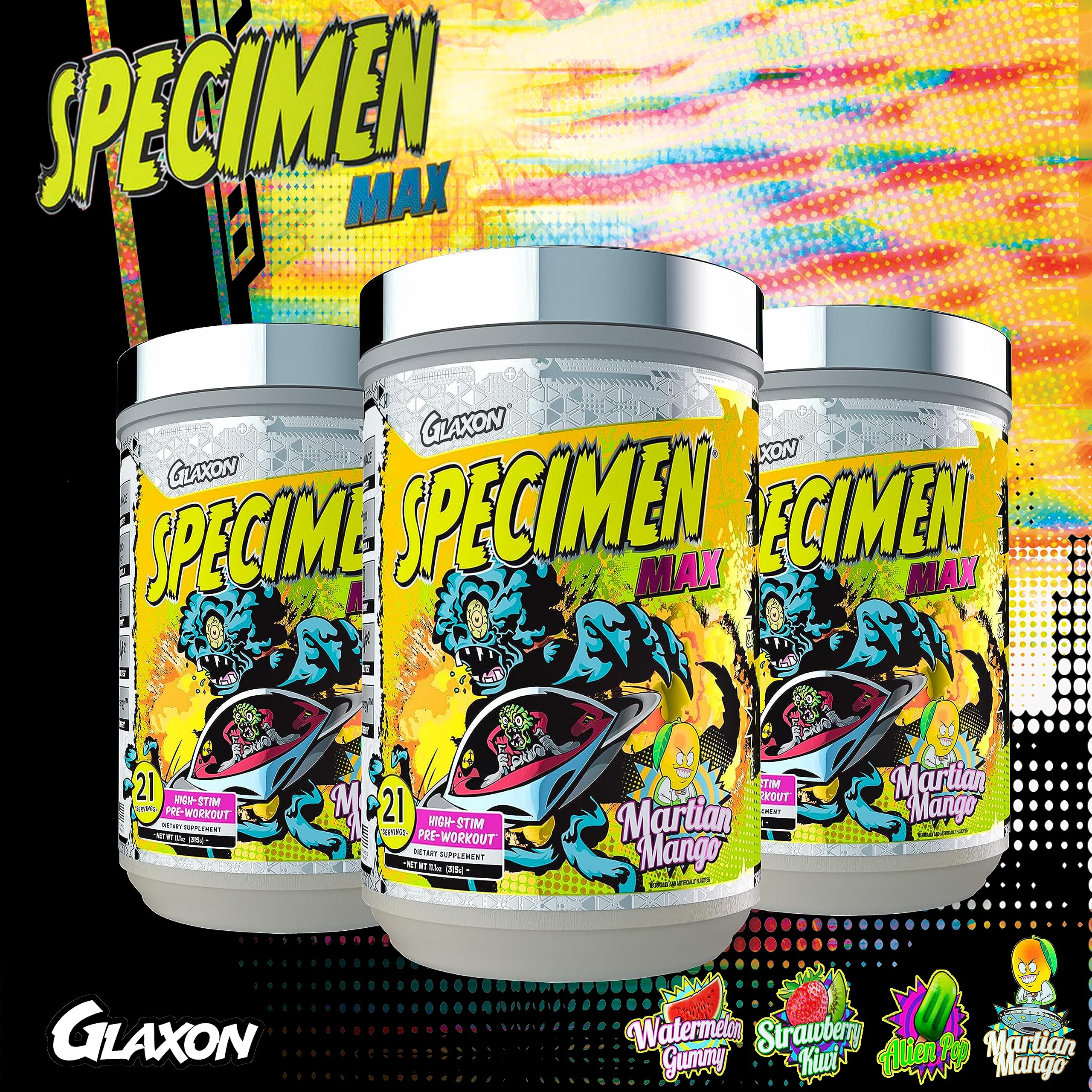 Glaxon Specimen Max High Stim Pre-Workout | 400mg Caffeine + 3200mg Beta Alanine for Maximum Energy, Pump & Focus | 21 Servings (Martian Mango)